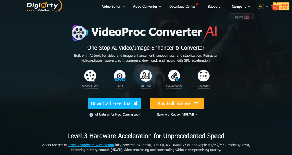 Captura de ecrã do sítio Web do conversor VideoProc